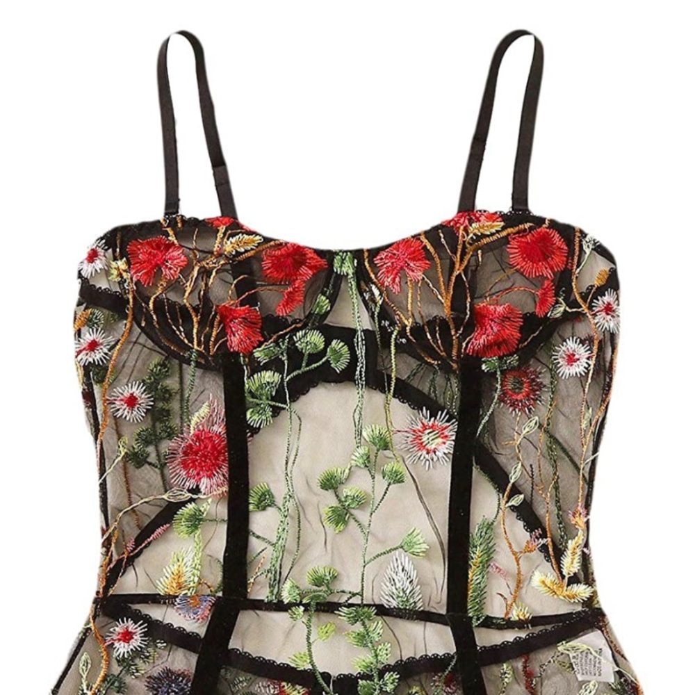 Floerns Women's Floral Embroidered Sheer Bodysuit